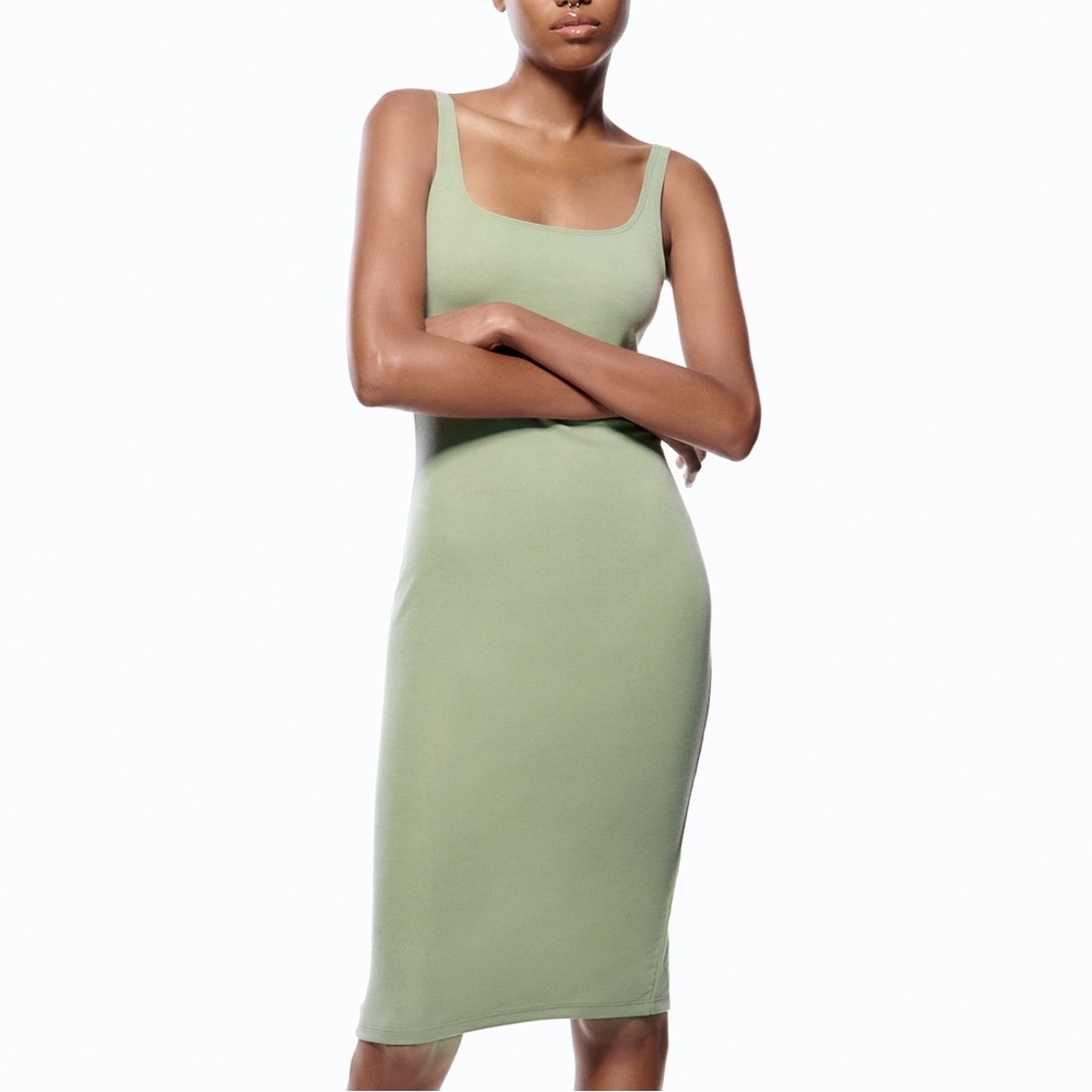 Zara Olive Green Ribbed Midi Tank Dress